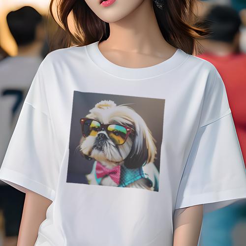 シーズー Tシャツ レディース 犬ファン 半袖 春夏 犬柄 プリント カジュアル かわいい 人間用 個性派 ここだけのデザイン 面白 サングラス シーズー 蝶ネクタイ 服