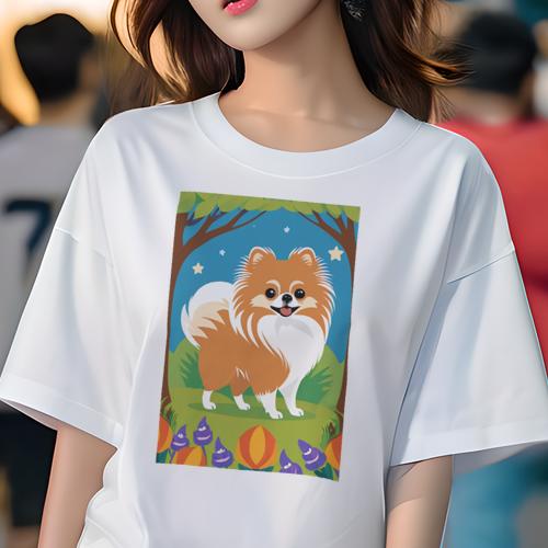 ポメラニアン Tシャツ レディース 犬ファン 半袖 春夏 犬柄 プリント カジュアル かわいい 人間用 個性派 ここだけのデザイン 面白 星 ポメラニアン 木 花