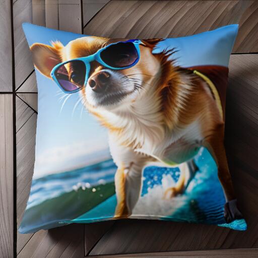サングラス チワワ サーフィン 海 夏 バケーション クッションカバー 45×45cm アニマル柄 おしゃれ 可愛い クッション本体付き 正方形 犬ファン