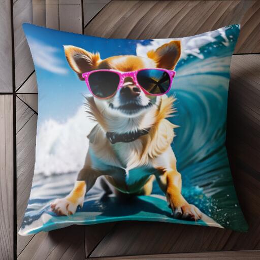 サングラス チワワ サーフィン 波 海 クッションカバー 45×45cm アニマル柄 おしゃれ 可愛い クッション本体付き 正方形 犬ファン