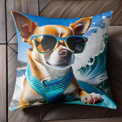 サングラス チワワ サーフィン 波 海 クッションカバー 45×45cm アニマル柄 おしゃれ 可愛い クッション本体付き 正方形 犬ファン