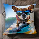 サングラス チワワ サーフィン 波 海 ライフジャケット クッションカバー 45×45cm アニマル柄 おしゃれ 可愛い クッション本体付き 正方形 犬ファン