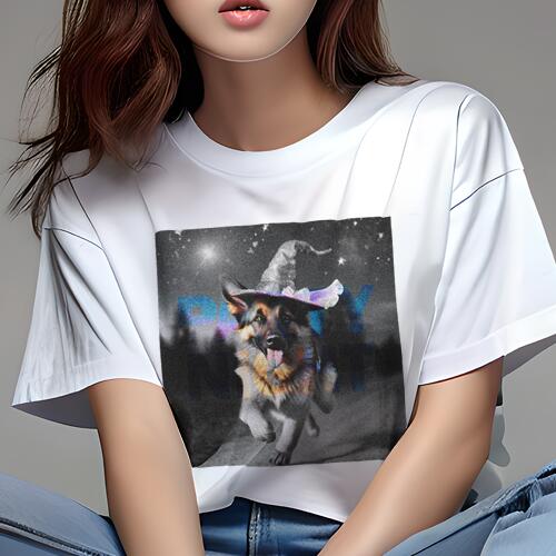 ジャーマンシェパード Tシャツ レディース 犬ファン 半袖 春夏 犬柄 プリント カジュアル かわいい 人間用 個性派 ここだけのデザイン 面白 ハロウィン ジャーマンシェパード 魔女の帽子 星