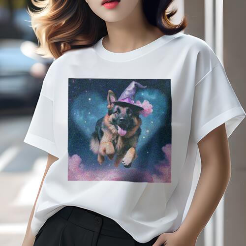 ジャーマンシェパード Tシャツ レディース 犬ファン 半袖 春夏 犬柄 プリント カジュアル かわいい 人間用 個性派 ここだけのデザイン 面白 ハロウィン ジャーマンシェパード 魔法使い 帽子 星空(4)