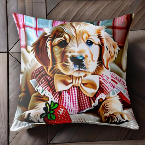 イチゴ ゴールデンレトリバー 蝶ネクタイ チェック柄 クッションカバー 45×45cm アニマル柄 おしゃれ 可愛い クッション本体付き 正方形 犬ファン