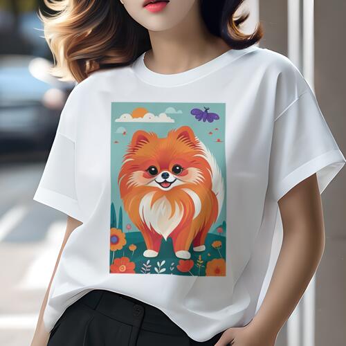 ポメラニアン Tシャツ レディース 犬ファン 半袖 春夏 犬柄 プリント カジュアル かわいい 人間用 個性派 ここだけのデザイン 面白 太陽 ポメラニアン 雲 蝶 花