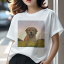 ゴールデンレトリバー Tシャツ レディース 犬ファン 半袖 春夏 犬柄 プリント カジュアル かわいい 人間用 個性派 ここだけのデザイン 面白 ひまわり ゴールデンレトリバー 夕焼け 花畑