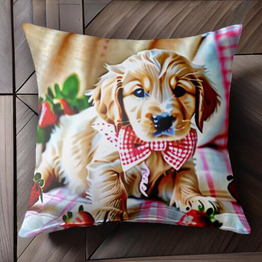 イチゴ ゴールデンレトリバー 蝶ネクタイ チェック柄 クッションカバー 45×45cm アニマル柄 おしゃれ 可愛い クッション本体付き 正方形 犬ファン
