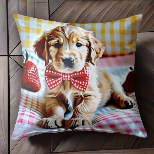 イチゴ ゴールデンレトリバー 蝶ネクタイ チェック柄 クッションカバー 45×45cm アニマル柄 おしゃれ 可愛い クッション本体付き 正方形 犬ファン