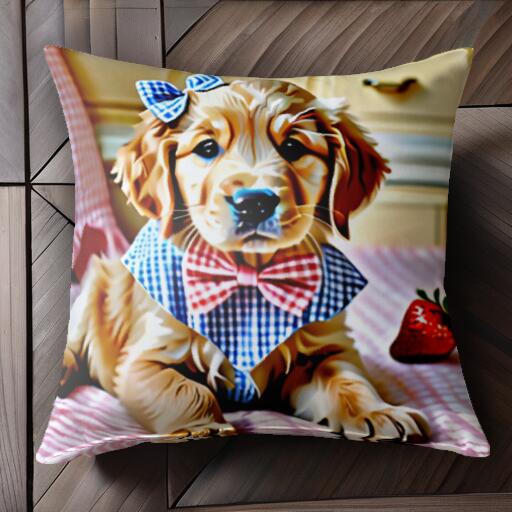 いちご ゴールデンレトリバー リボン 蝶ネクタイ クッションカバー 45×45cm アニマル柄 おしゃれ 可愛い クッション本体付き 正方形 犬ファン