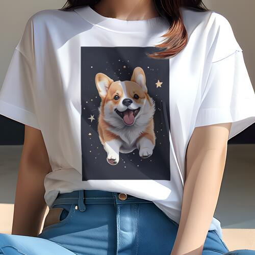 楽天フロントップ楽天市場店コーギー Tシャツ レディース 犬ファン 半袖 春夏 犬柄 プリント カジュアル かわいい 人間用 個性派 ここだけのデザイン 面白 星 コーギー キラキラ