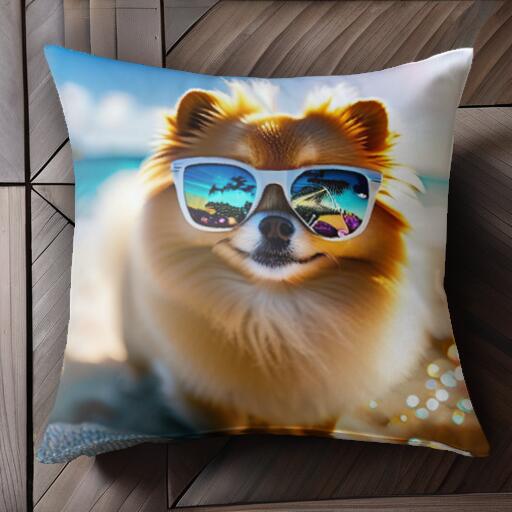 サングラス ポメラニアン ビーチ 夏 海 クッションカバー 45×45cm アニマル柄 おしゃれ 可愛い クッシ..