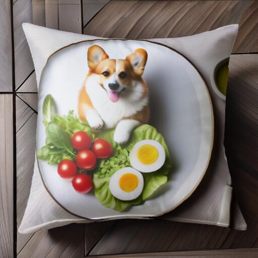 サラダ コーギー 卵 トマト 皿 クッションカバー 45×45cm アニマル柄 おしゃれ 可愛い クッション本体..