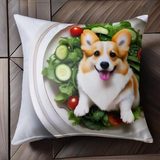 サラダ コーギー 皿 野菜 キュウリ クッションカバー 45×45cm アニマル柄 おしゃれ 可愛い クッション..