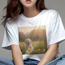 ゴールデンレトリバー Tシャツ レディース 犬ファン 半袖 春夏 犬柄 プリント カジュアル かわいい 人間用 個性派 ここだけのデザイン 面白 花畑 ゴールデンレトリバー 草原 夕焼け 風景(4)