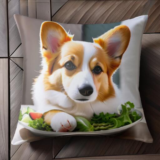 サラダ コーギー 皿 クッションカバー 45×45cm アニマル柄 おしゃれ 可愛い クッション本体付き 正方形..