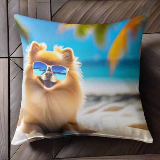 ビーチ ポメラニアン サングラス 夏 海 クッションカバー 45×45cm アニマル柄 おしゃれ 可愛い クッシ..