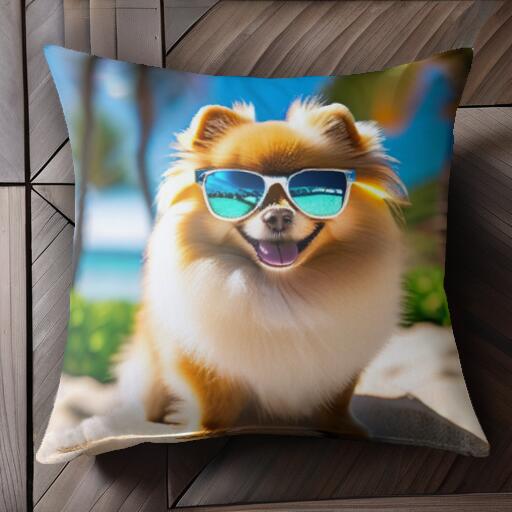サングラス ポメラニアン ビーチ 夏 海 クッションカバー 45×45cm アニマル柄 おしゃれ 可愛い クッション本体付き 正方形 犬ファン