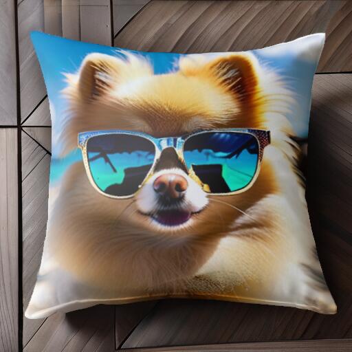 サングラス ポメラニアン ビーチ クッションカバー 45×45cm アニマル柄 おしゃれ 可愛い クッション本体付き 正方形 犬ファン