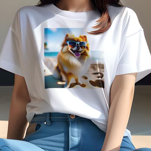 ポメラニアン Tシャツ レディース 犬ファン 半袖 春夏 犬柄 プリント カジュアル かわいい 人間用 個性派 ここだけのデザイン 面白 サングラス ポメラニアン ビーチ(4)
