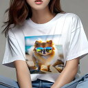 ポメラニアン Tシャツ レディース 犬ファン 半袖 春夏 犬柄 プリント カジュアル かわいい 人間用 個性派 ここだけのデザイン 面白 サングラス ポメラニアン ビーチ 海(4)