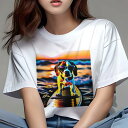 ビーグル Tシャツ レディース 犬ファン 半袖 春夏 犬柄 プリント カジュアル かわいい 人間用 個性派 ここだけのデザイン 面白 サーフィン ビーグル 海 夕日 サングラス(4)