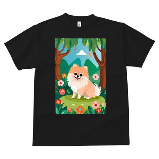 ポメラニアン Tシャツ メンズ キッズ 犬ファン 半袖 春夏 犬柄 プリント カジュアル かわいい 人間用 個性派 ここだけのデザイン 面白 木 ポメラニアン 花 雲 公園