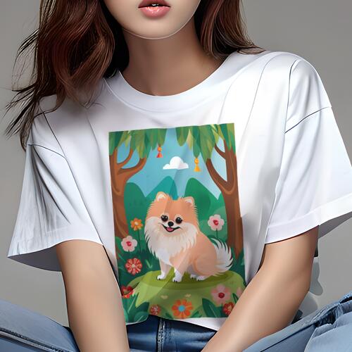 ポメラニアン Tシャツ レディース 犬ファン 半袖 春夏 犬柄 プリント カジュアル かわいい 人間用 個性派 ここだけのデザイン 面白 木 ポメラニアン 花 雲 公園