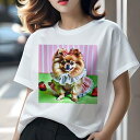 ポメラニアン Tシャツ レディース 犬ファン 半袖 春夏 犬柄 プリント カジュアル かわいい 人間用 個性派 ここだけのデザイン 面白 イチゴ ポメラニアン リボン ワンピース