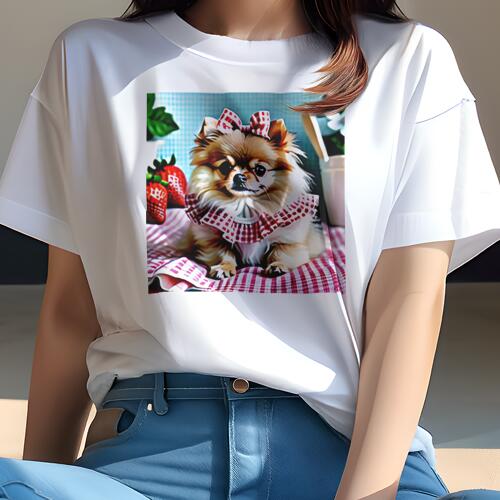ポメラニアン Tシャツ レディース 犬ファン 半袖 春夏 犬柄 プリント カジュアル かわいい 人間用 個性派 ここだけのデザイン 面白 イチゴ ポメラニアン リボン チェック柄