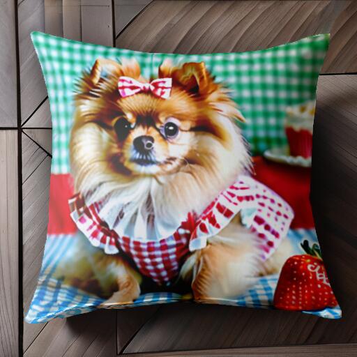 イチゴ ポメラニアン カップケーキ ギンガムチェック クッションカバー 45×45cm アニマル柄 おしゃれ ..