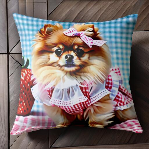 イチゴ ポメラニアン ギンガムチェック リボン クッションカバー 45×45cm アニマル柄 おしゃれ 可愛い ..