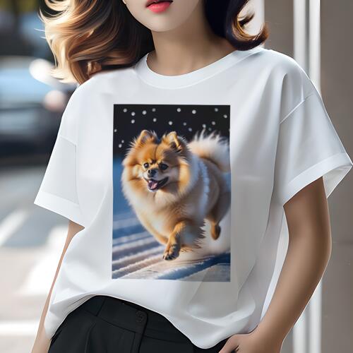 ポメラニアン Tシャツ レディース 犬ファン 半袖 春夏 犬柄 プリント カジュアル かわいい 人間用 個性派 ここだけのデザイン 面白 雪 ポメラニアン 冬 可愛い 笑顔
