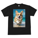 コーギー Tシャツ メンズ キッズ 犬ファン 半袖 春夏 犬柄 プリント カジュアル かわいい 人間用 個性派 ここだけのデザイン 面白 ビーチ コーギー 海 波 砂浜