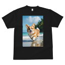 コーギー Tシャツ メンズ キッズ 犬ファン 半袖 春夏 犬柄 プリント カジュアル かわいい 人間用 個性派 ここだけのデザイン 面白 ビーチ コーギー 海 空 砂浜