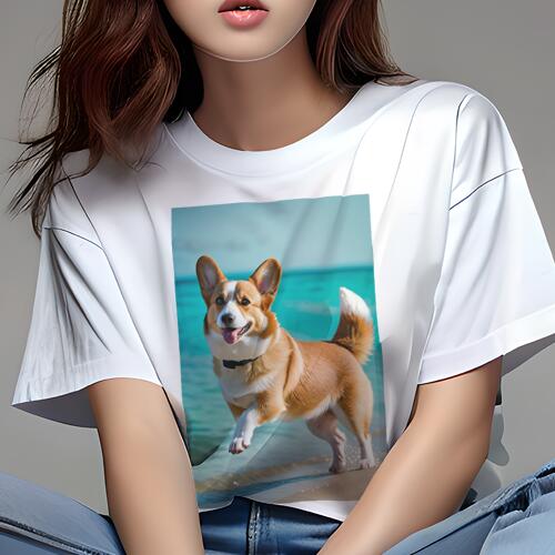 コーギー Tシャツ レディース 犬ファン 半袖 春夏 犬柄 プリント カジュアル かわいい 人間用 個性派 ここだけのデザイン 面白 海 コーギー 砂浜 波