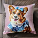 リボン コーギー ギンガムチェック ワンピース クッションカバー 45×45cm アニマル柄 おしゃれ 可愛い クッション本体付き 正方形 犬ファン