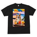 コーギー Tシャツ メンズ キッズ 犬ファン 半袖 春夏 犬柄 プリント カジュアル かわいい 人間用 個性派 ここだけのデザイン 面白 ジュース コーギー オレンジ ビーチパラソル 海