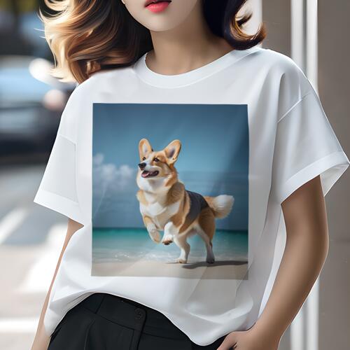 コーギー Tシャツ レディース 犬ファン 半袖 春夏 犬柄 プリント カジュアル かわいい 人間用 個性派 ここだけのデザイン 面白 ビーチ コーギー 海 空 砂浜