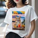コーギー Tシャツ レディース 犬ファン 半袖 春夏 犬柄 プリント カジュアル かわいい 人間用 個性派 ここだけのデザイン 面白 ジュース コーギー オレンジ ビーチパラソル 海
