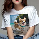 コーギー Tシャツ レディース 犬ファン 半袖 春夏 犬柄 プリント カジュアル かわいい 人間用 個性派 ここだけのデザイン 面白 ビーチ コーギー 海 夏 休暇