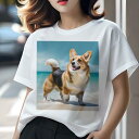 コーギー Tシャツ レディース 犬ファン 半袖 春夏 犬柄 プリント カジュアル かわいい 人間用 個性派 ここだけのデザイン 面白 海 コーギー 砂浜 夏 休暇