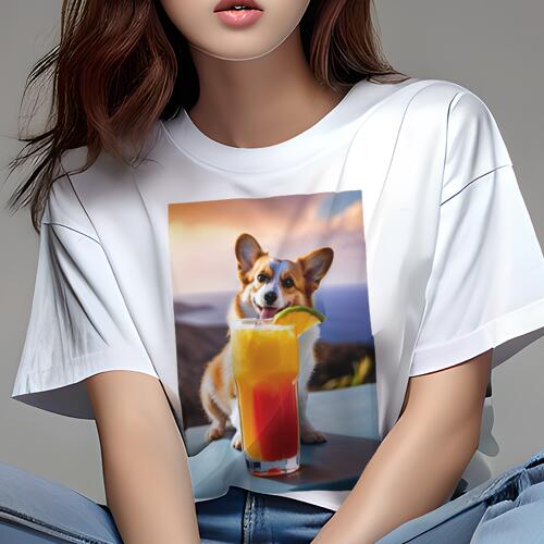コーギー Tシャツ レディース 犬ファン 半袖 春夏 犬柄 プリント カジュアル かわいい 人間用 個性派 ここだけのデザイン 面白 カクテル コーギー ドリンク 飲み物 オレンジ