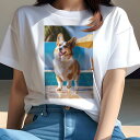 コーギー Tシャツ レディース 犬ファン 半袖 春夏 犬柄 プリント カジュアル かわいい 人間用 個性派 ここだけのデザイン 面白 プール コーギー リゾート 夏 休暇