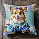 花 コーギー リボン ワンピース チェック柄 クッションカバー 45×45cm アニマル柄 おしゃれ 可愛い クッション本体付き 正方形 犬ファン
