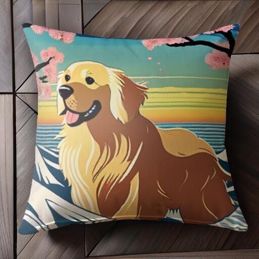 桜 ゴールデンレトリバー 波 海 空 クッションカバー 45×45cm アニマル柄 おしゃれ 可愛い クッション本体付き 正方形 犬ファン