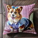 チェック柄 コーギー リボン ワンピース クッションカバー 45×45cm アニマル柄 おしゃれ 可愛い クッション本体付き 正方形 犬ファン