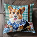 チェック柄 コーギー リボン ワンピース クッションカバー 45×45cm アニマル柄 おしゃれ 可愛い クッション本体付き 正方形 犬ファン
