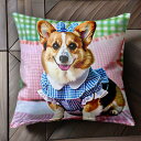 チェック柄 コーギー リボン ワンピース 枕 クッションカバー 45×45cm アニマル柄 おしゃれ 可愛い クッション本体付き 正方形 犬ファン