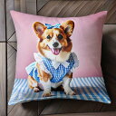 ワンピース コーギー ギンガムチェック リボン クッションカバー 45×45cm アニマル柄 おしゃれ 可愛い クッション本体付き 正方形 犬ファン